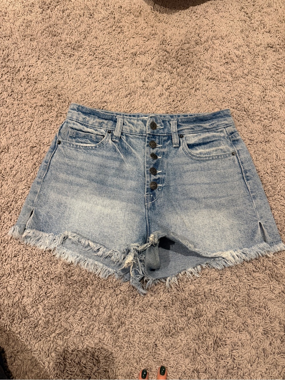 Hidden High-Rise Light Blue Denim Shorts with Frayed Hem